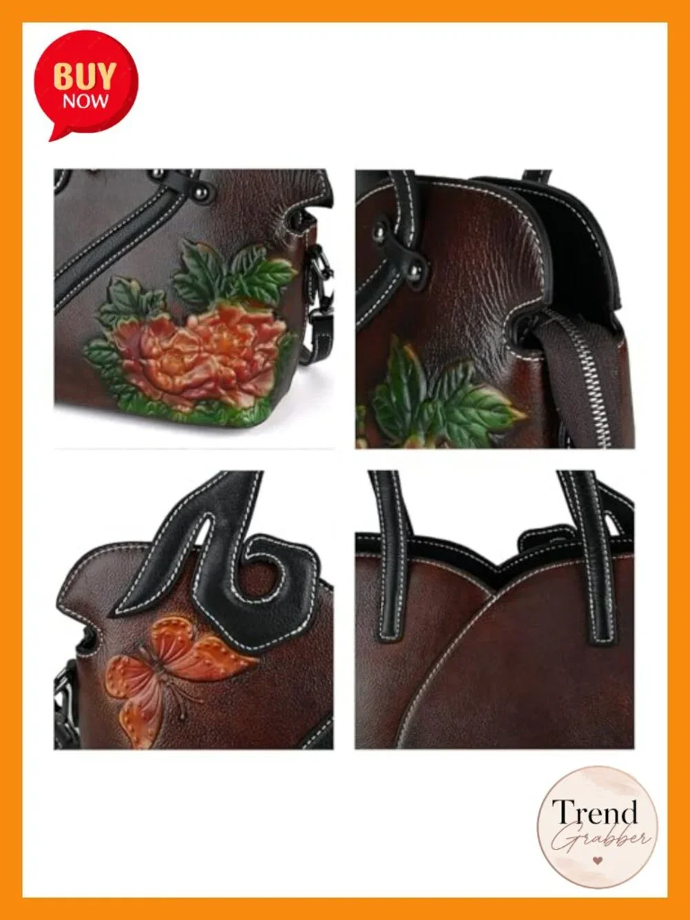 Genuine Italian Leather Handbag - Embossed Mandala Tote - Handcrafted Floral